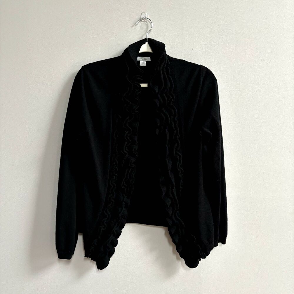 Garnet Hill 100% Merino Wool Cardigan Sweater Women's M Black Ruffle Open Front - Picture 2 of 7